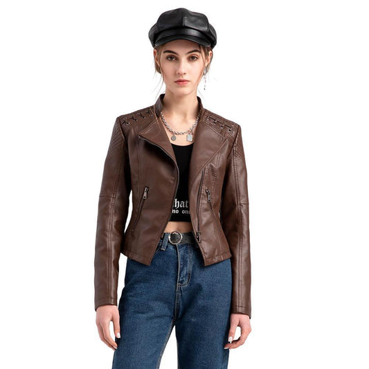 Women Short Slim Thin Leather Jacket - ForVanity 