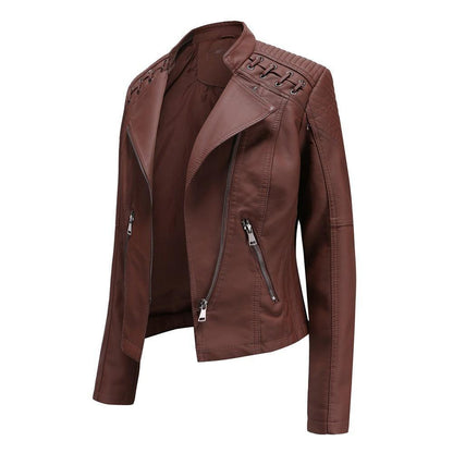 Women Short Slim Thin Leather Jacket - ForVanity 