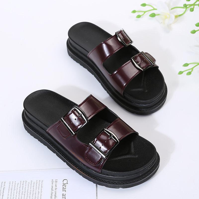 Women Double Buckle Platform Slippers - ForVanity women's shoes Slippers