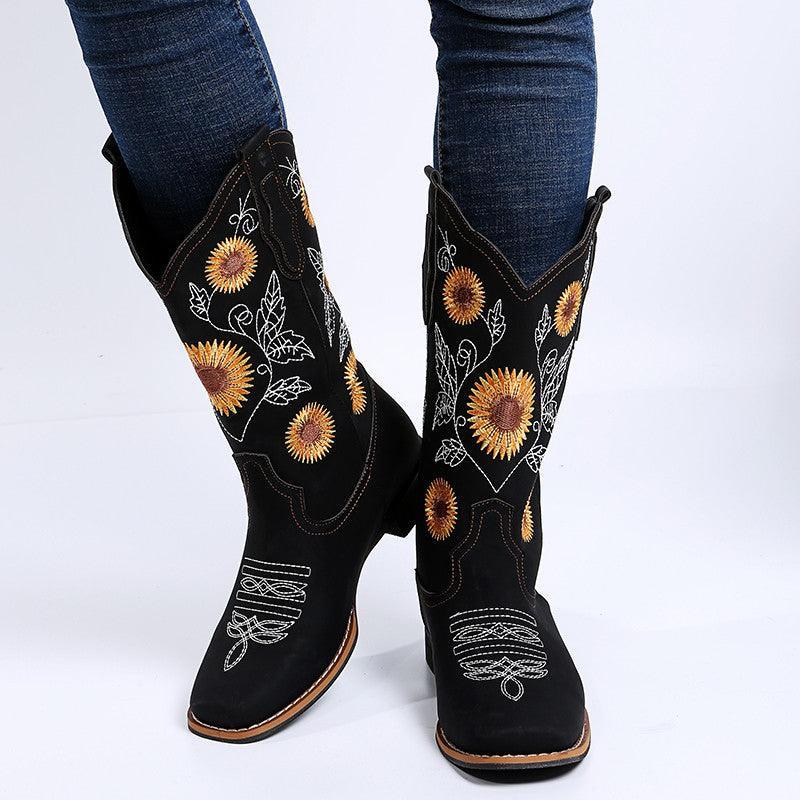 Women Sunflower Embroidery Low Heel Boots - ForVanity boots, women's shoes Boots