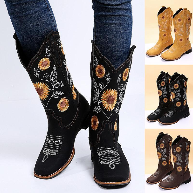 Women Sunflower Embroidery Low Heel Boots - ForVanity boots, women's shoes Boots