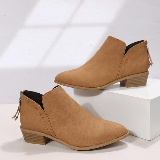 Women V Cutout Chunky Heel Ankle Boots - ForVanity boots, women's shoes Boots