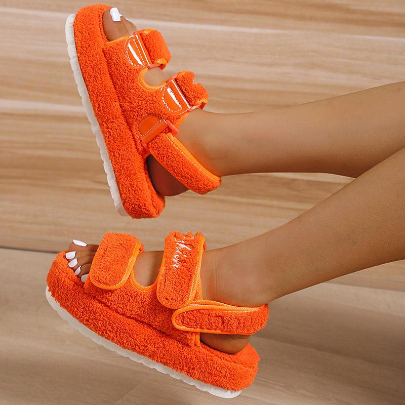 Women's Faux Fur Lined Velcro Roman Platform Sandals - ForVanity sandals, women's shoes Sandals