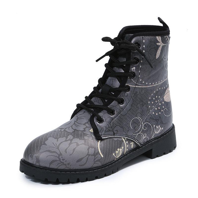 Women White Flower Print Round Toe Lace-up Boots - ForVanity boots, women's shoes Boots