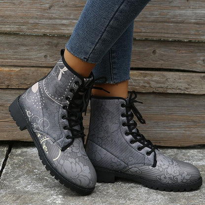 Women White Flower Print Round Toe Lace-up Boots - ForVanity boots, women's shoes Boots