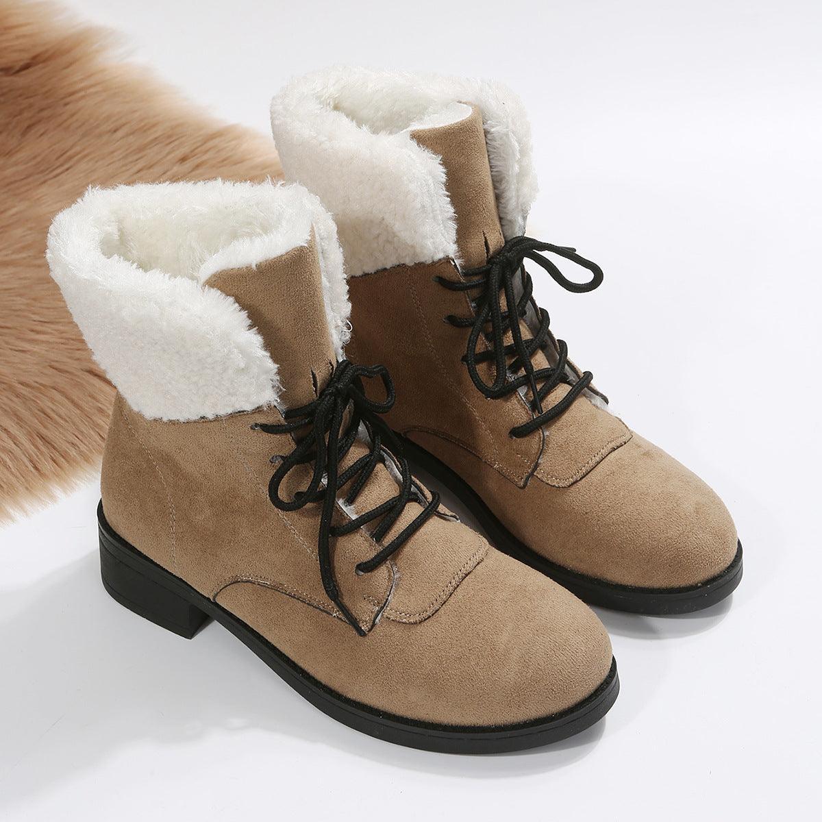 Women Winter Lace-up Chunky Mid Heel Ankle Boots - ForVanity boots, women's shoes Boots