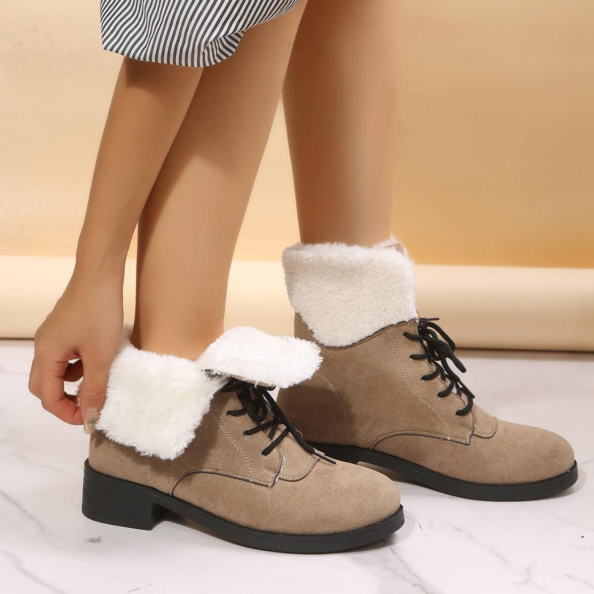 Women Winter Lace-up Chunky Mid Heel Ankle Boots - ForVanity boots, women's shoes Boots