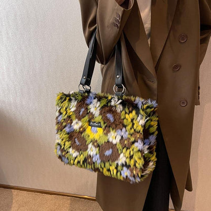 Women Winter Plush Flowers Shoulder Bag - ForVanity handbag, tote bags, women's bags Handbags